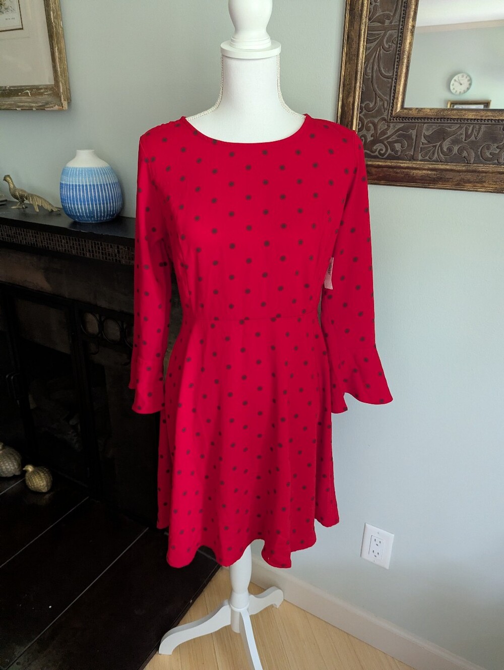 NEW Old Navy Size Small Fit & Flare Flute 3/4 Sleeve Crepe Red Polka Dot Dress